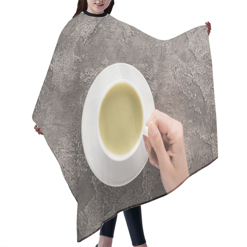 Personality  Top View Of Woman Holding Cup Of Matcha Matcha Tea In Hand Hair Cutting Cape