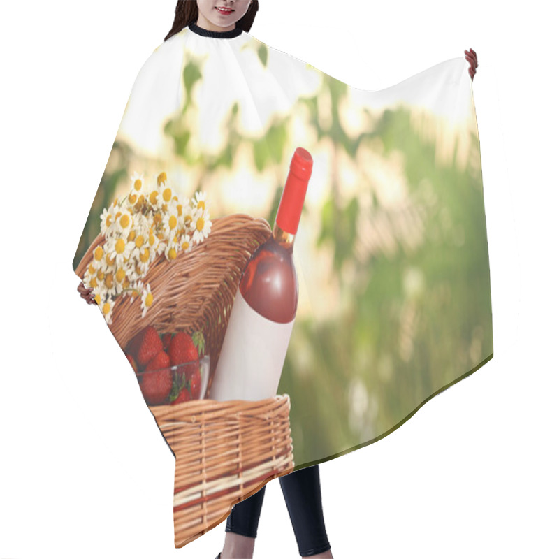 Personality  Picnic Basket With Wine, Strawberries And Flowers On Blurred Background, Space For Text Hair Cutting Cape