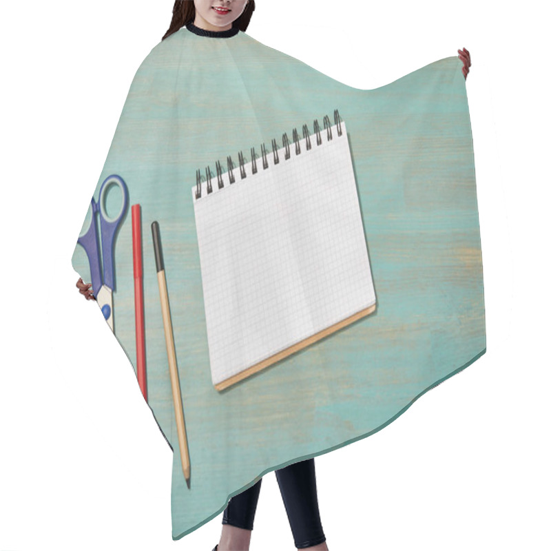 Personality  Top View Of Empty Notebook Near Pencil, Scissors And Felt Pen On Wooden Desk Hair Cutting Cape