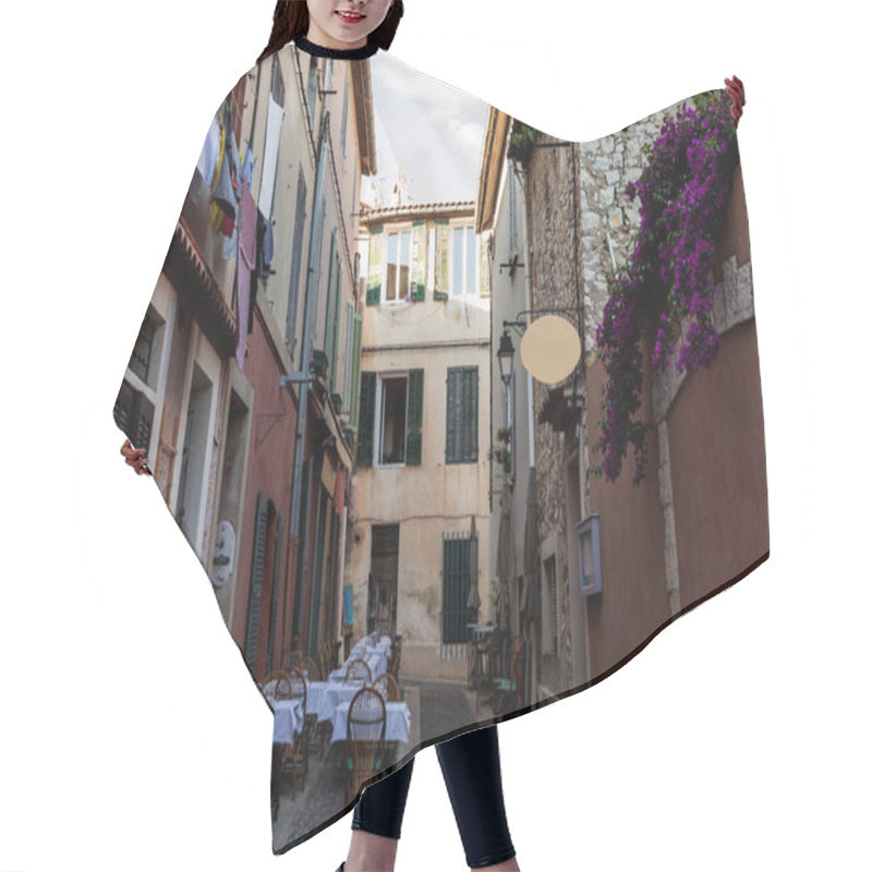 Personality  Cozy Narrow Street With Traditional Houses And Outdoor Cafe In Provence, France Hair Cutting Cape