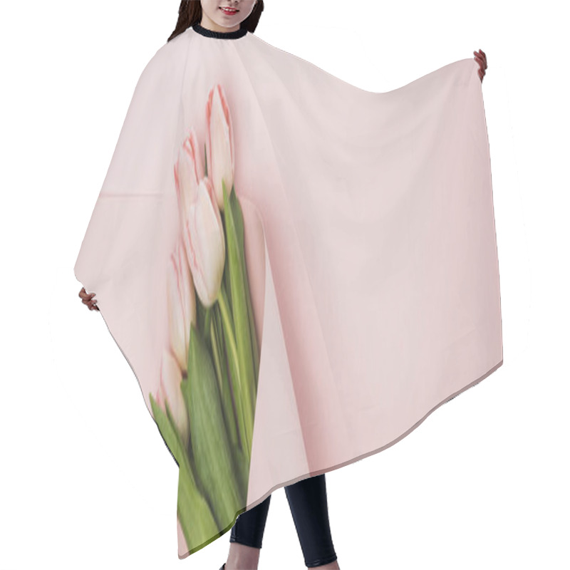 Personality  Top View Of Tulip Bouquet Wrapped In Paper Swirl On Pink Background, Panoramic Shot Hair Cutting Cape