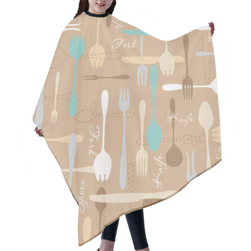 Personality  Cutlery Icon Seamless Pattern On Brown Background Hair Cutting Cape