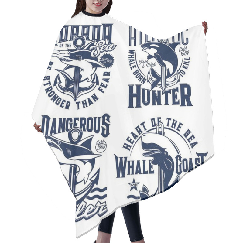 Personality  Tshirt Prints With Ocean Animals Killer Whale, Hammerhead Shark And Anchors. Vector Mascots For Fishing Or Marine Club With Sea Predators. Adventure Team Prints With Typography On White Background Hair Cutting Cape