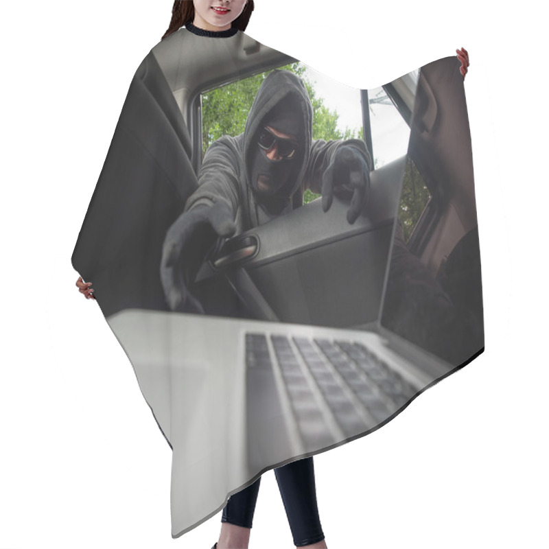 Personality  Crime Concept - Thief Stealing Laptop From The Car. View From Laptop Hair Cutting Cape