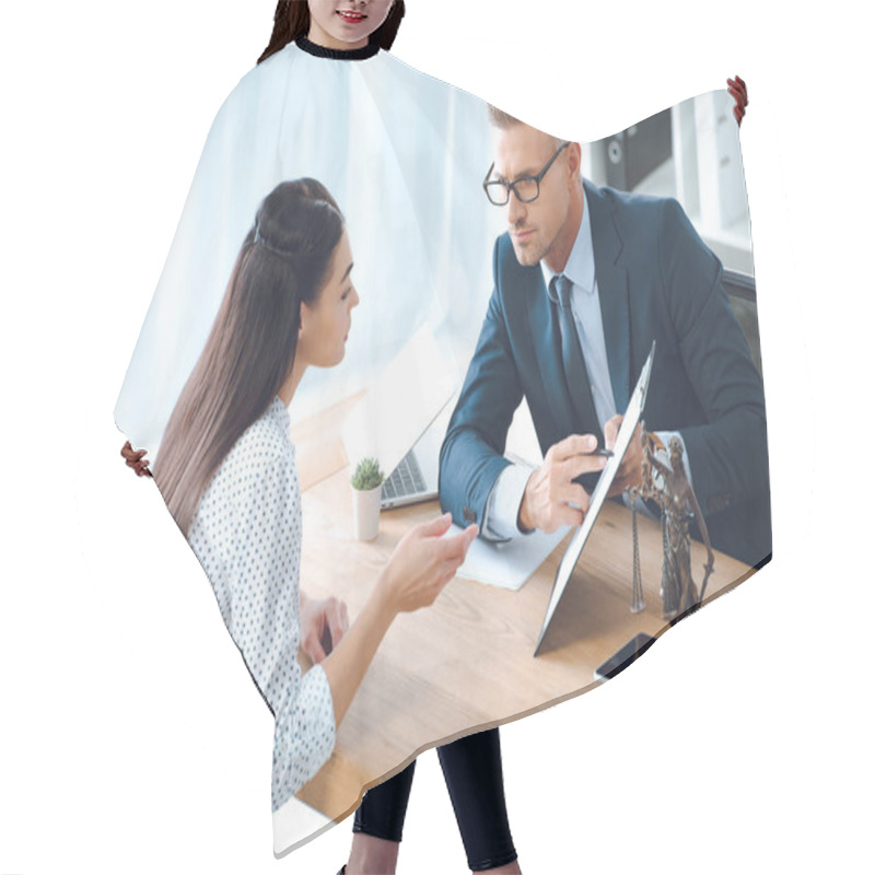 Personality  Male Lawyer Pointing At Clipboard And Looking At Client In Office Hair Cutting Cape