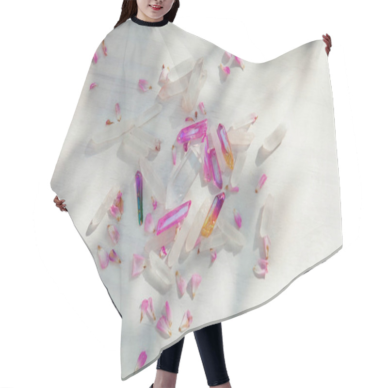 Personality  Colorful Quartz Crystals With Pink Rose Leaves On Wooden Structure, Flat Lay Background  Hair Cutting Cape