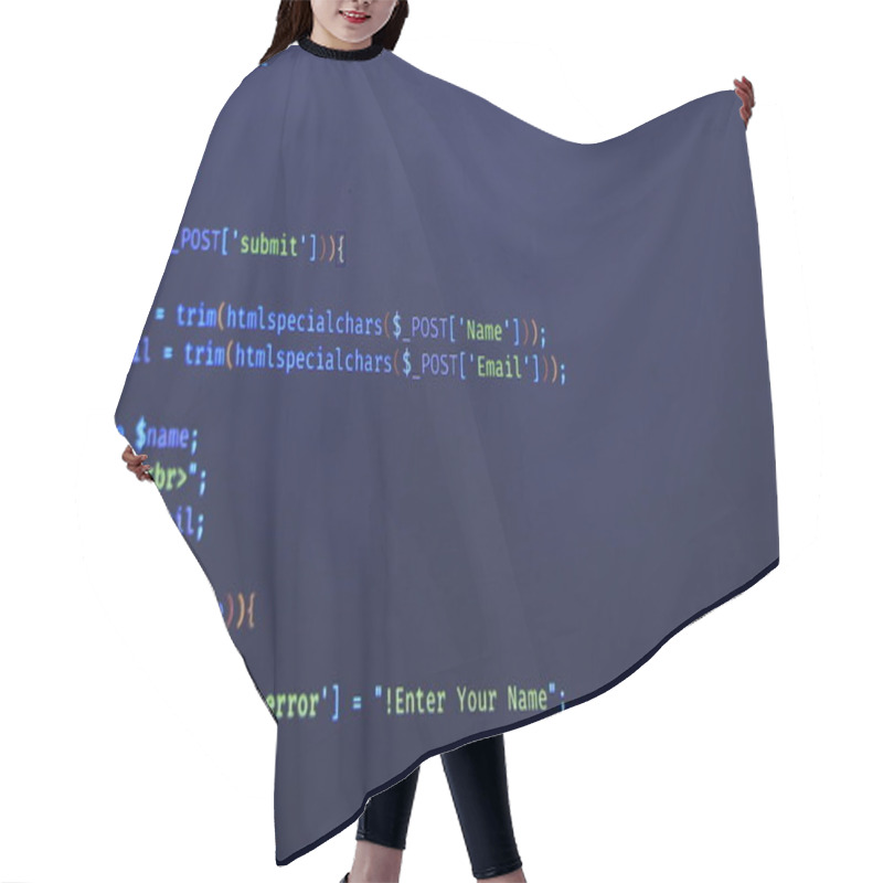 Personality  Programmer Coding Python, Java Script, Html Code On Notebook Screen At Home. Work From Home. Hair Cutting Cape