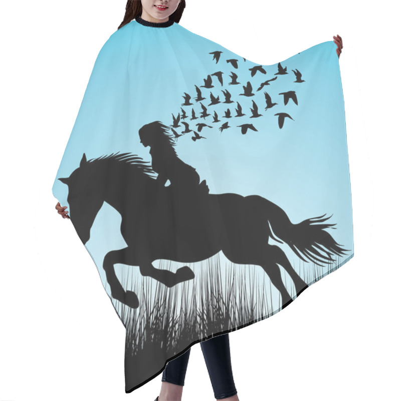 Personality  Illustration Of Woman Riding A Horse And Birds Flying Hair Cutting Cape