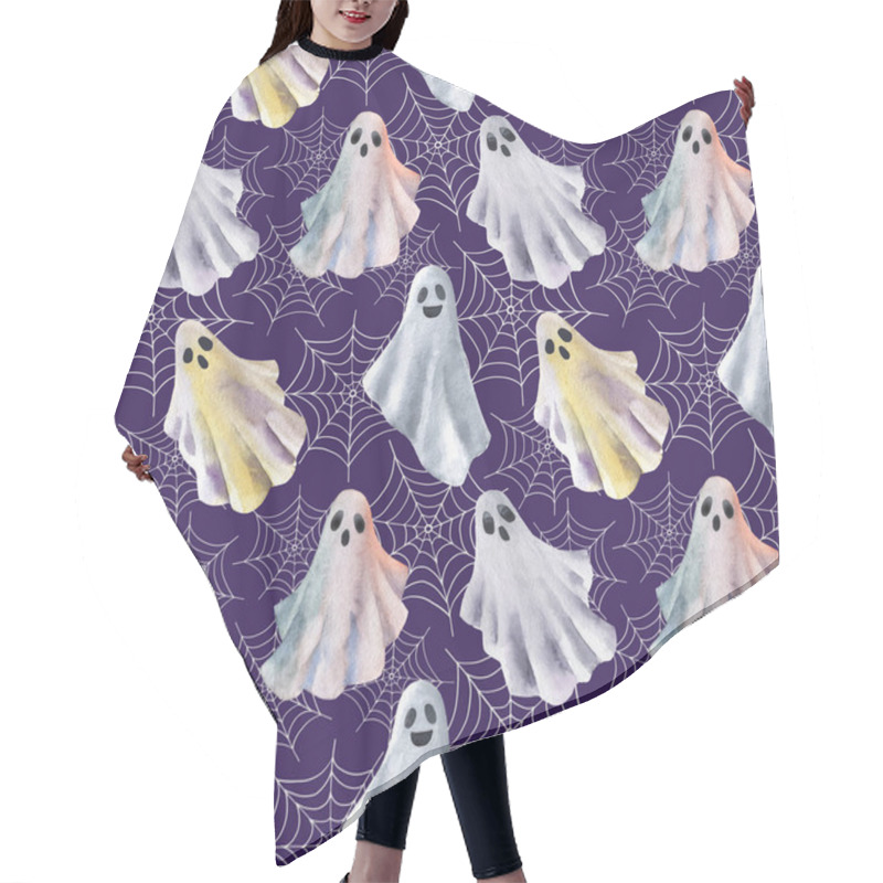 Personality  Funny Halloween Ghosts Watercolour Seamless Pattern. Halloween Illustration. Hand Drawn Style. Cute Little Ghosts With Spider Web On Web Background. Hair Cutting Cape