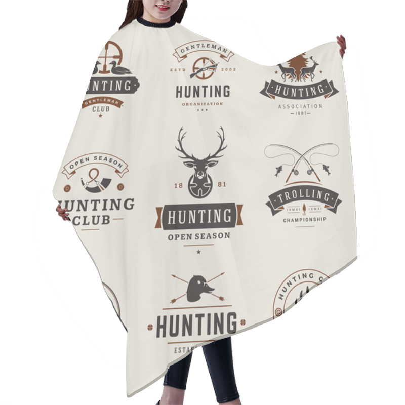 Personality  Set Of Hunting And Fishing Labels, Badges, Logos Vector Design Elements Vintage Style Hair Cutting Cape