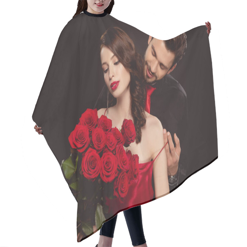 Personality  Elegant Man Taking Off Dress From Girlfriend With Red Roses Isolated On Black Hair Cutting Cape