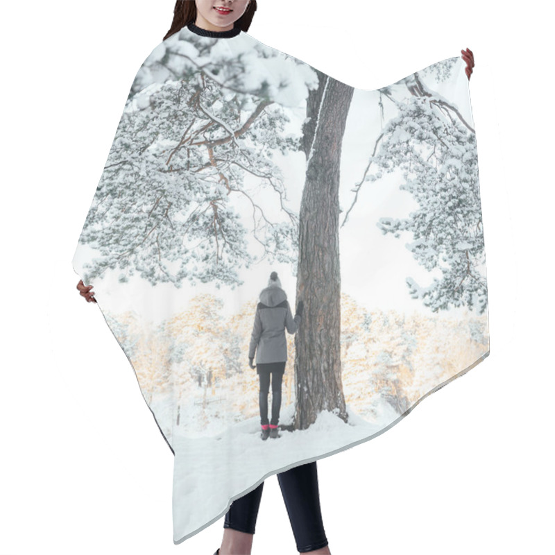 Personality  Young Woman In Beautiful Winter Forest Hair Cutting Cape