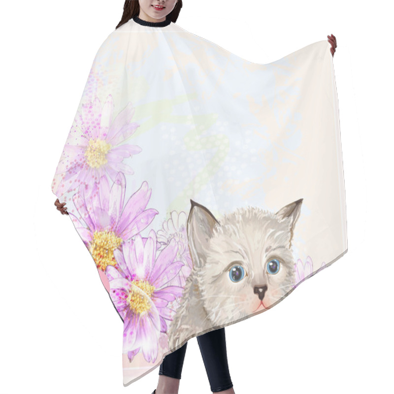 Personality  Greeting Card With Little Fluffy Kitten And Gerberas Hair Cutting Cape