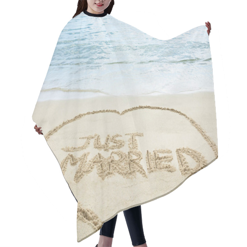 Personality  Just Married Written Text On Sand Near The Idyllic Sea At Beach Hair Cutting Cape