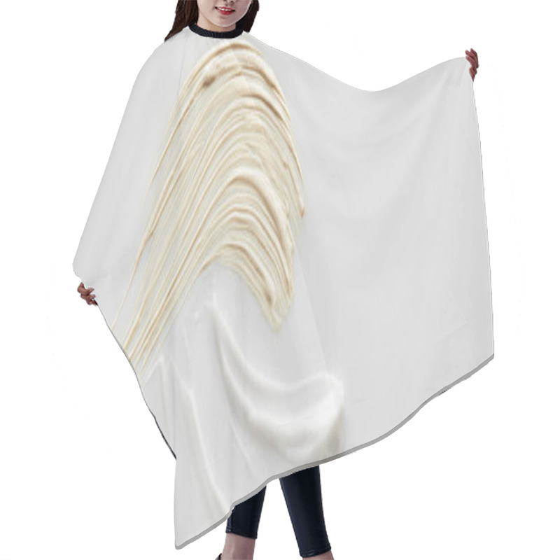 Personality  Top View Of Cosmetic And Tone Cream Brushstrokes On Grey Background, Panoramic Shot Hair Cutting Cape