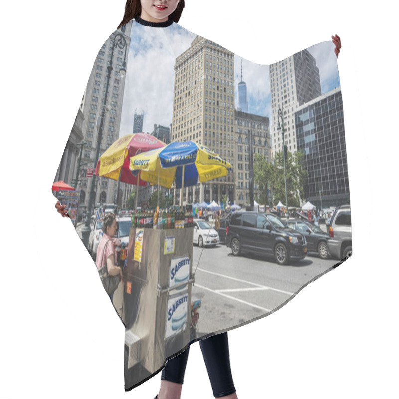 Personality  New York City, USA - July 27, 2018: Food Truck In Foley Square With People Around In Lower Manhattan, New York City, USA Hair Cutting Cape