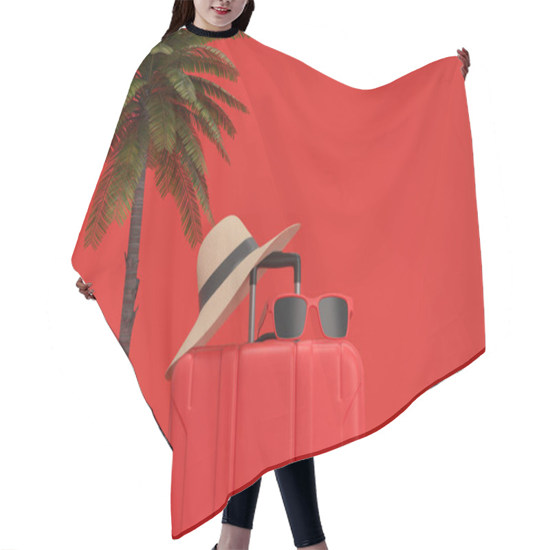 Personality  Red Suitcase, Palm Tree, Hat And Sun Glasses On Red Background. Vacation On The Beach. 3d Rendering. Hair Cutting Cape