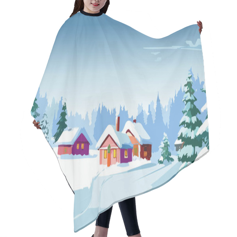 Personality  Winter Landscape With Snow Covered Trees And Houses. Vector Cartoon Illustration. Hair Cutting Cape