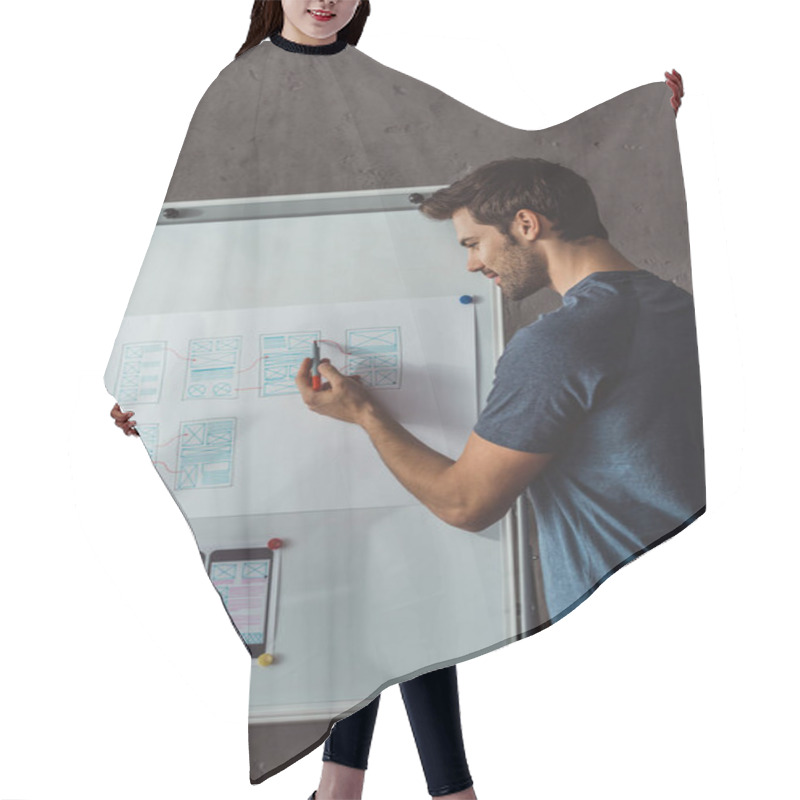 Personality  Side View Of Designer Developing User Experience Design On Whiteboard In Office Hair Cutting Cape