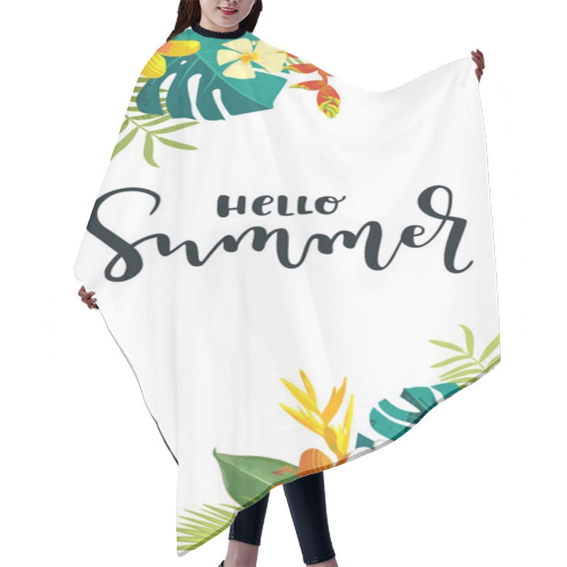 Personality  Hello Summer Calligraphy Card. Vertical Summertime Banner, Poster With Exotic Tropical Leaves, Flowers. Bright Jungle Background. Vivid Colors. Hawaiian Beach Party Backdrop Hair Cutting Cape