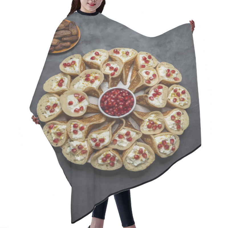 Personality  Arabian Pancake Stuffed With Sweet Cheese.  Hair Cutting Cape