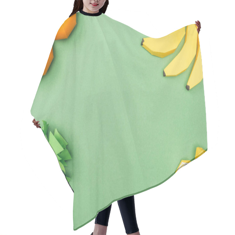 Personality  Top View Of Handmade Paper Bananas, Lemons, Tangerines And Pineapple Isolated On Green  Hair Cutting Cape