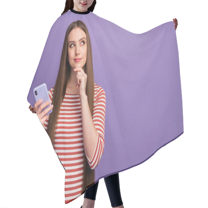 Personality  Hmm What Post On Social Network... Portrait Of Minded Interested Girl Look Copyspace Touch Hand Chin Think Thoughts Wonder Consider Wear Sweater Isolated Over Violet Color Background Hair Cutting Cape