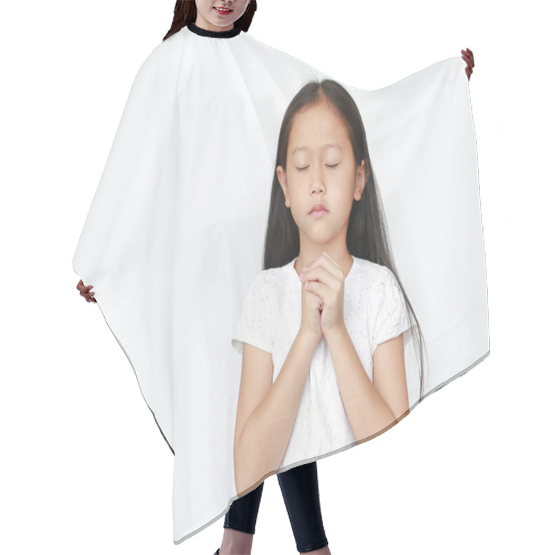 Personality  Close Eyes Beautiful Little Asian Child Girl Praying Isolated On White Background. Spirituality And Religion. Hair Cutting Cape