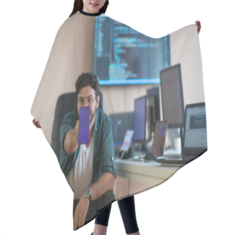 Personality  A Programmer Diligently Testing Smartphone Applications While Sitting In Their Office. Hair Cutting Cape