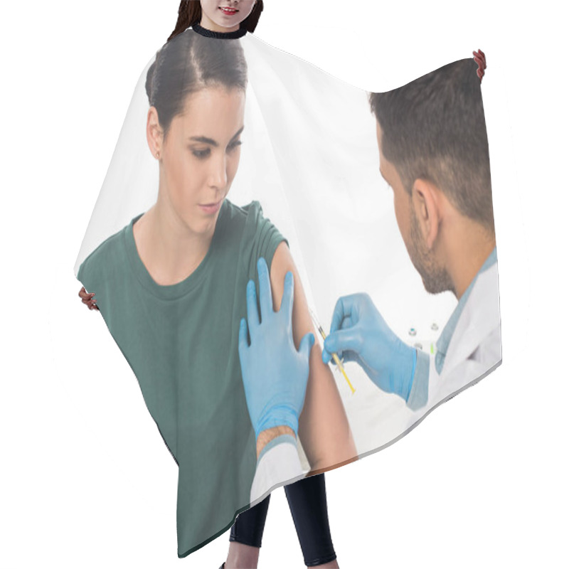 Personality  Doctor Doing Injection Of Vaccine To Patient Isolated On White Hair Cutting Cape