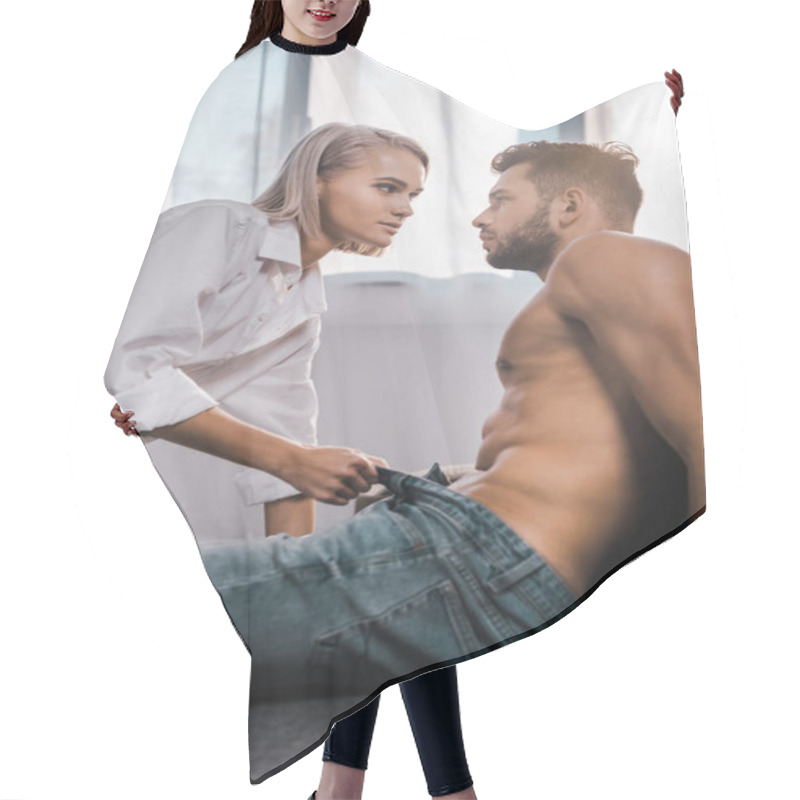 Personality  Passionate Attractive Woman Undressing Her Boyfriend Hair Cutting Cape