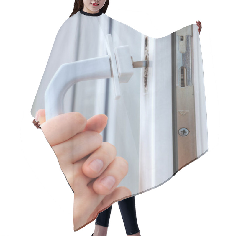 Personality  Hands Locksmith  Remove The Handle Of Window Frame, Close-up. Hair Cutting Cape