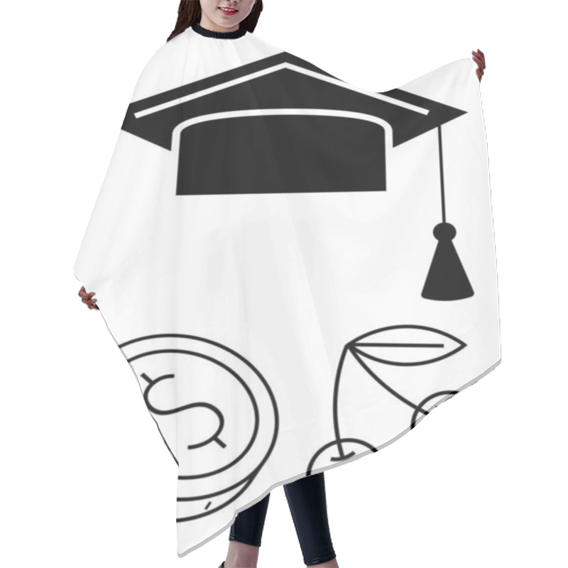 Personality  A Black Mortarboard Hat With A Tassel, A Coin With A Dollar Symbol, And A Pair Of Cherries. Ideal For Education, Finance, Nutrition, Success, Growth Well-being And Financial Planning Themes. Line Hair Cutting Cape