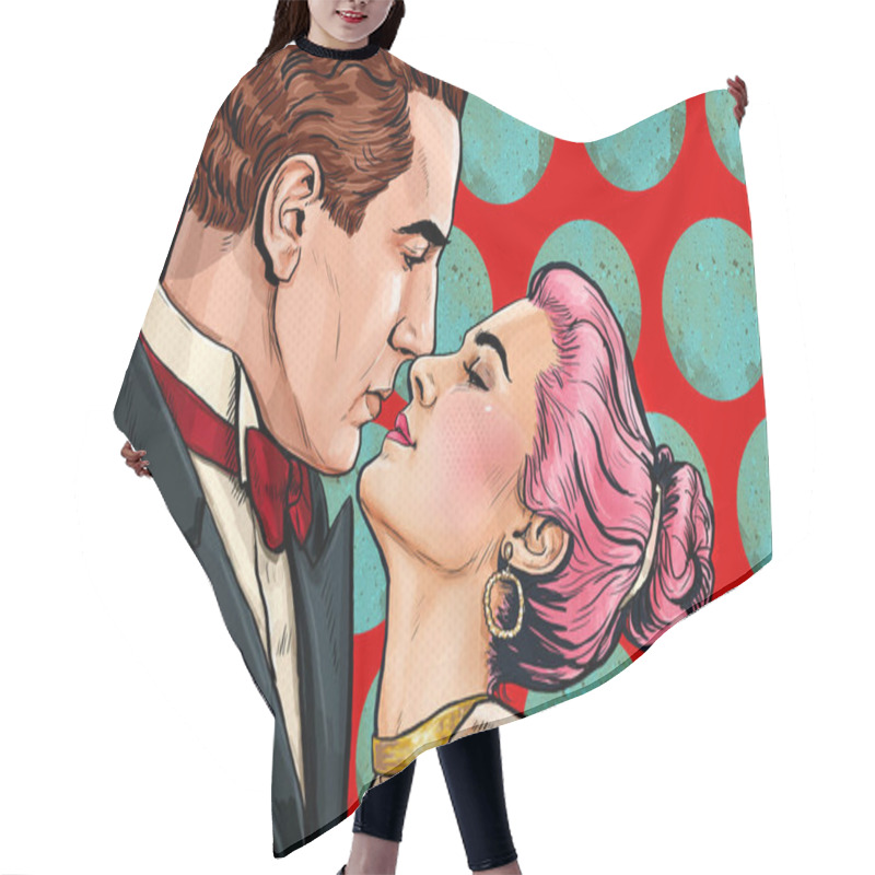 Personality  Love Couple Looking Into Each Others Eyes In Pop Art Style. Vintage Man And Woman Are Kissing And Hugging Hair Cutting Cape