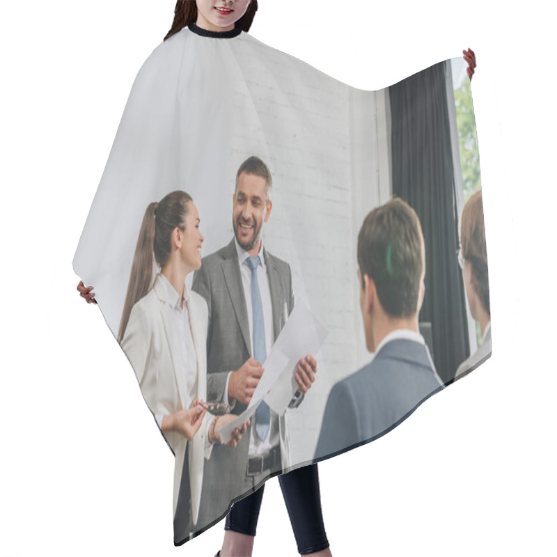 Personality  Smiling Businesspeople Standing With Documents In Hub Hair Cutting Cape