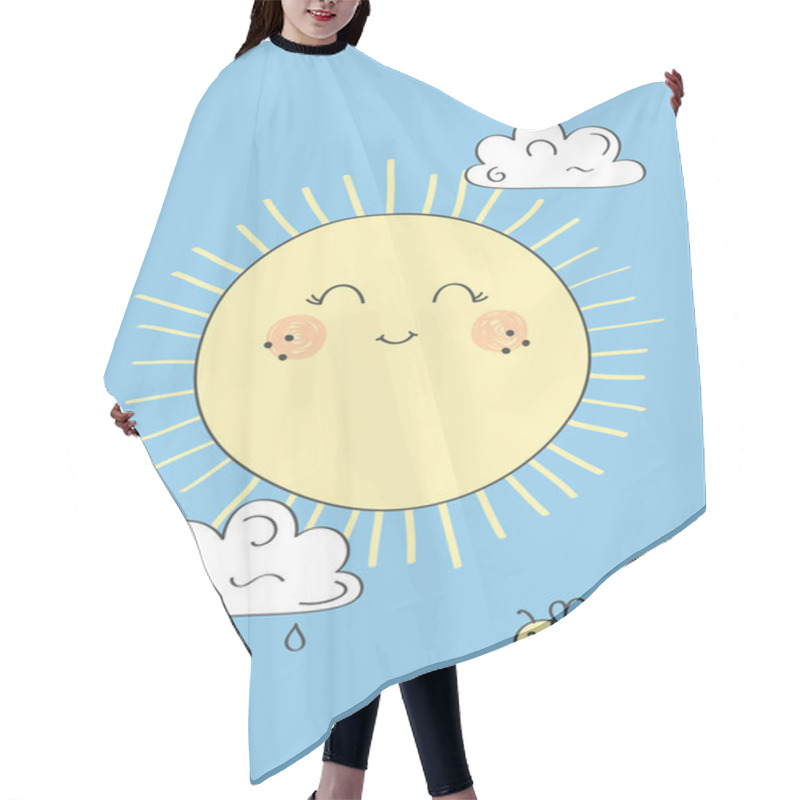 Personality  Cute Sun With Smile. Little Bee And Clouds On The Background. Poster For Baby Room. Childish Print For Nursery. Design Can Be Used For Fashion T-shirt. Hand Drawn Vector Illustration. Hair Cutting Cape