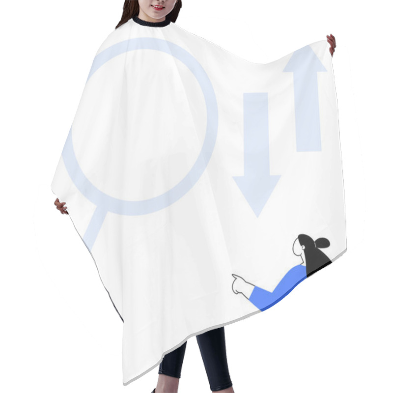 Personality  Large Magnifying Glass With Two Arrows, One Pointing Up And One Down, And A Person Pointing Upwards. Ideal For Business Analysis, Research, Progress, Decision Making, And Data Trends. Minimalist Hair Cutting Cape