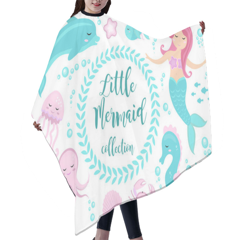 Personality  Cute Set Little Mermaid And Underwater World. Fairytale Princess Mermaid And Dolphin, Octopus, Seahorse, Fish, Jellyfish. Under Water In The Sea Mythical Marine Collection. Hair Cutting Cape