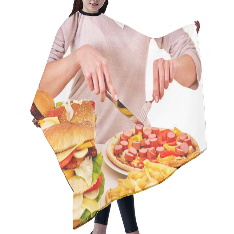 Personality  Woman Eating Junk Food. Hair Cutting Cape