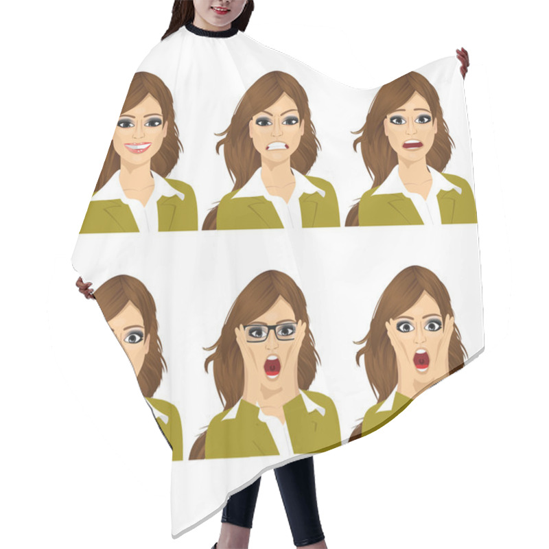 Personality  Woman On Six Different Face Expressions Set Hair Cutting Cape