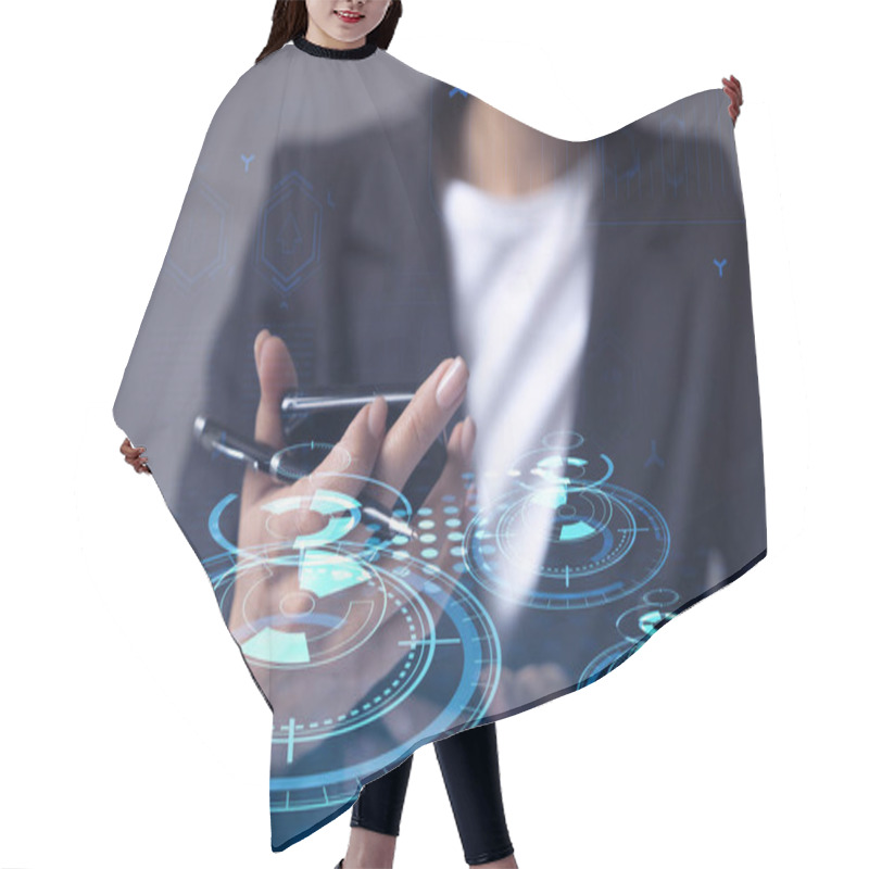 Personality  Businesswoman In Formal Wear Holding In The Hands A Smart Phone And Testing An Innovative Application To Provide A Completely New Service. Close Up Shot. Hologram Tech Graphs. Concept Of Dev Team. Hair Cutting Cape