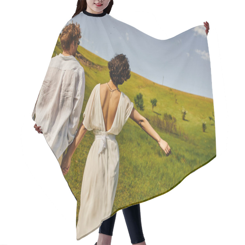 Personality  Rural Wedding, Back View, Bride In Wedding Dress Walking With Groom In Field, Just Married Couple Hair Cutting Cape