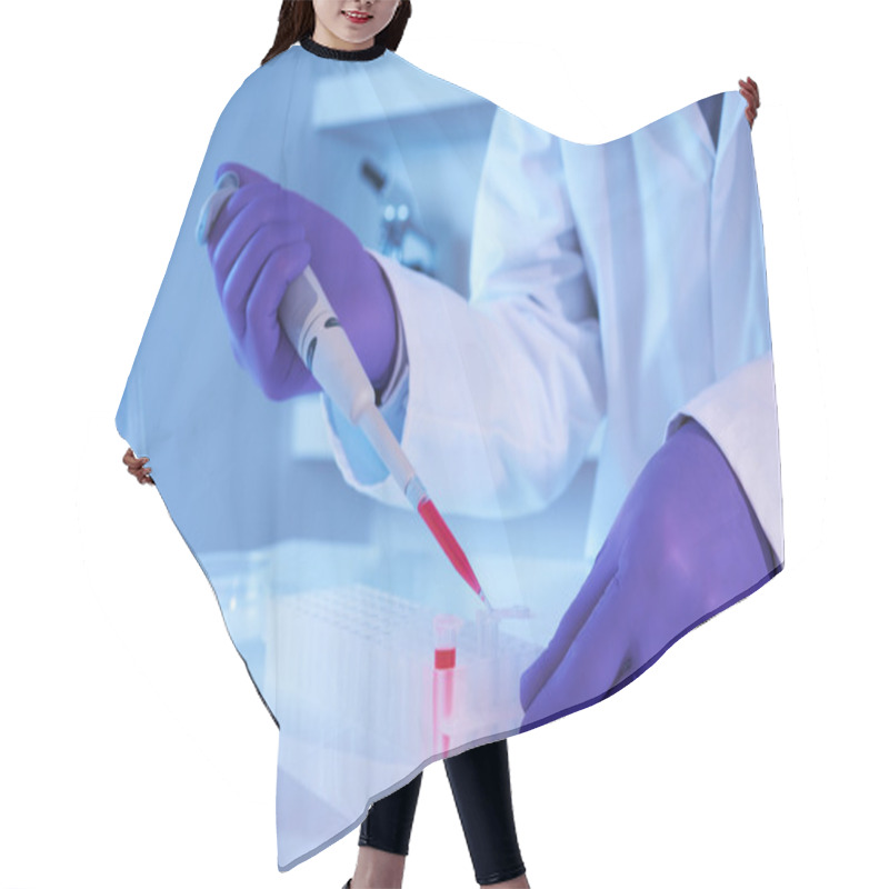 Personality  Scientist Using Pipette In Laboratory Hair Cutting Cape