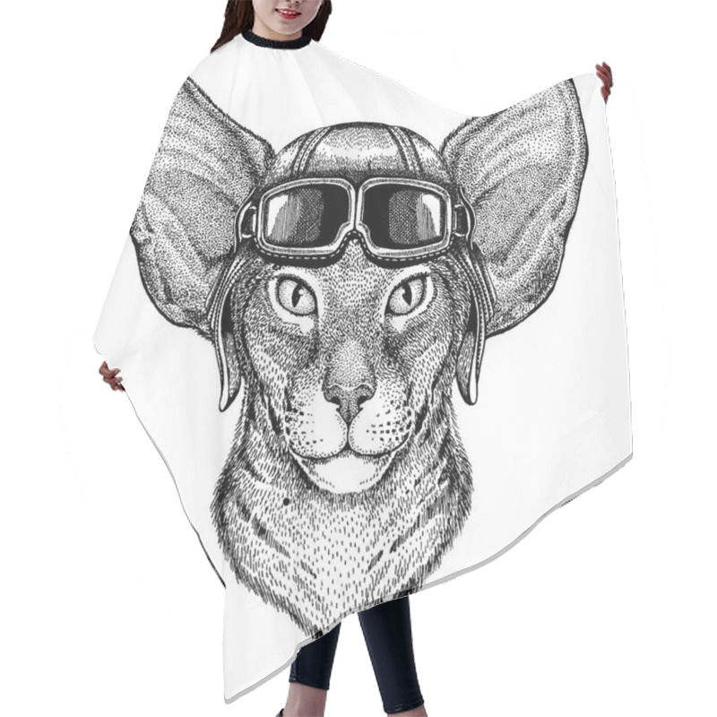 Personality  Animal Wearing Aviator Helmet With Glasses. Vector Picture. Oriental Cat With Big Ears Hand Drawn Image For Tattoo, Emblem, Badge, Logo, Patch Hair Cutting Cape