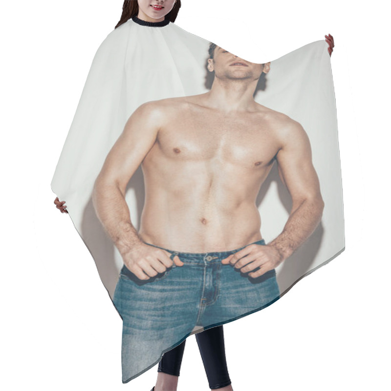 Personality  Handsome Sexy Shirtless Man In Jeans Posing On Grey Hair Cutting Cape