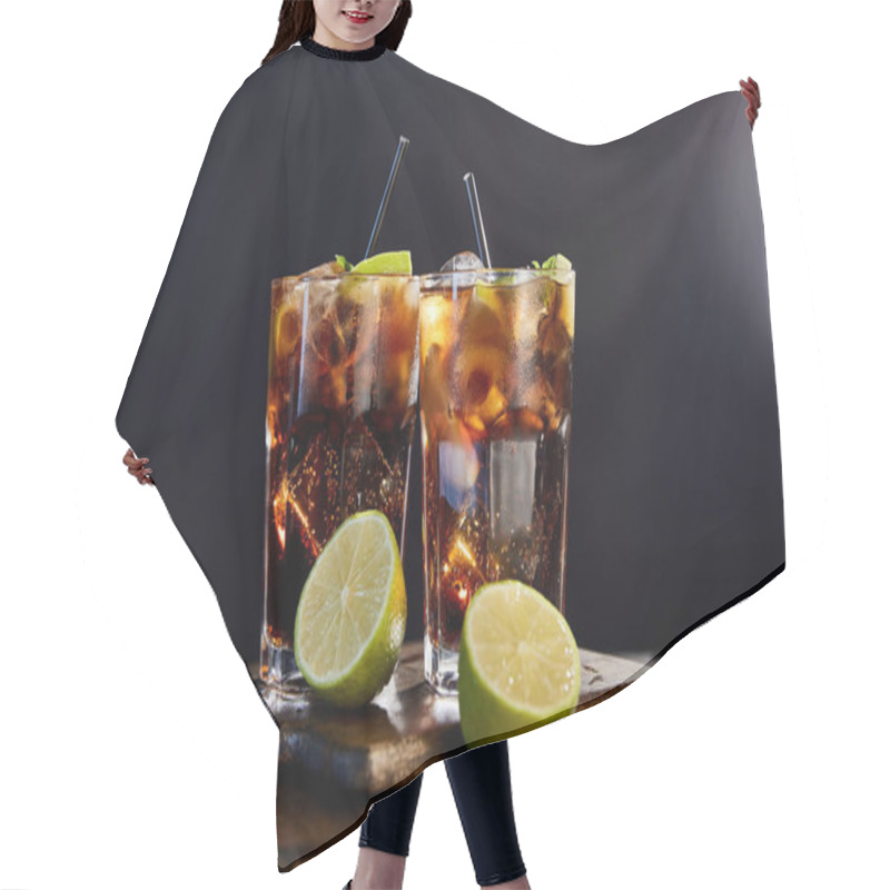 Personality  Cocktails Cuba Libre In Glasses With Straws And Limes On Black Background  Hair Cutting Cape