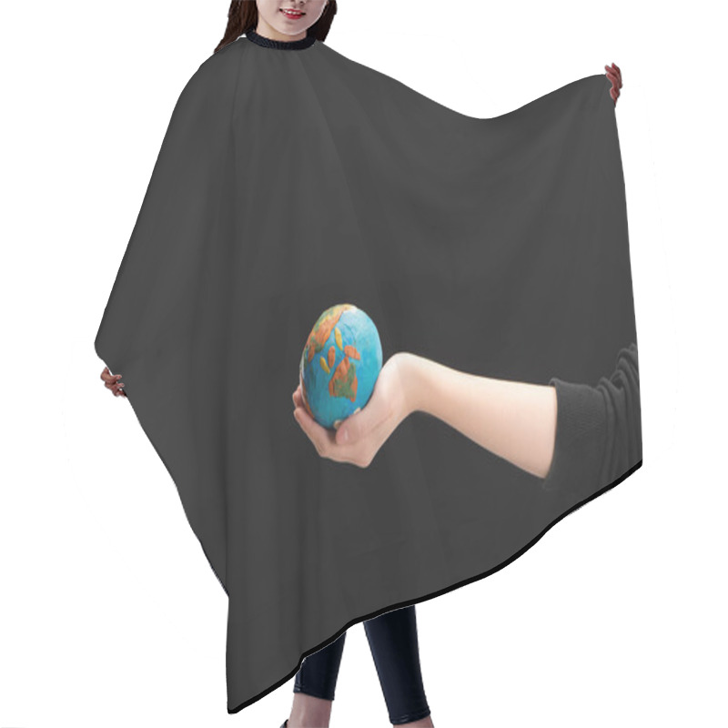 Personality  Partial View Of Woman With Outstretched Hand Holding Plasticine Globe Isolated On Black, Global Warming Concept Hair Cutting Cape