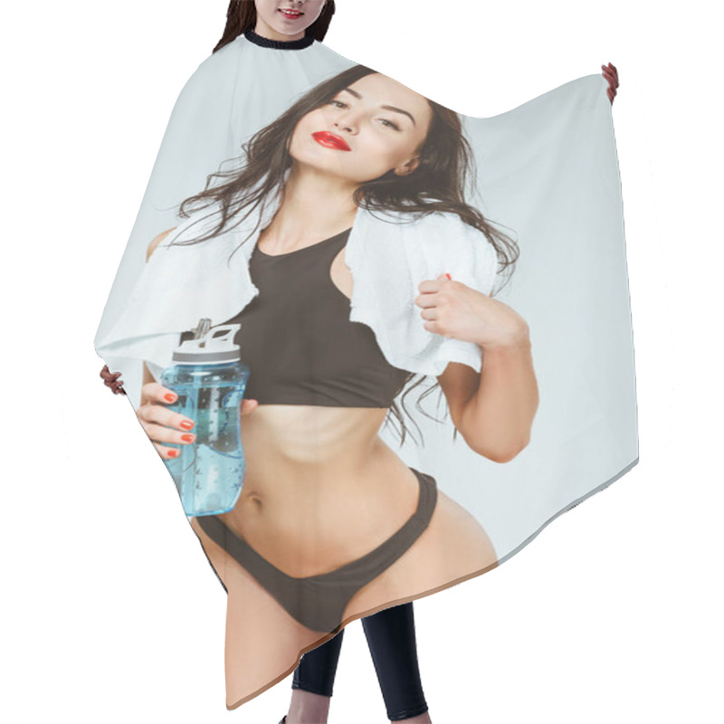 Personality  Sexy Woman In Sport Bra And Panties Posing With Sport Bottle And Towel Isolated On Grey Hair Cutting Cape