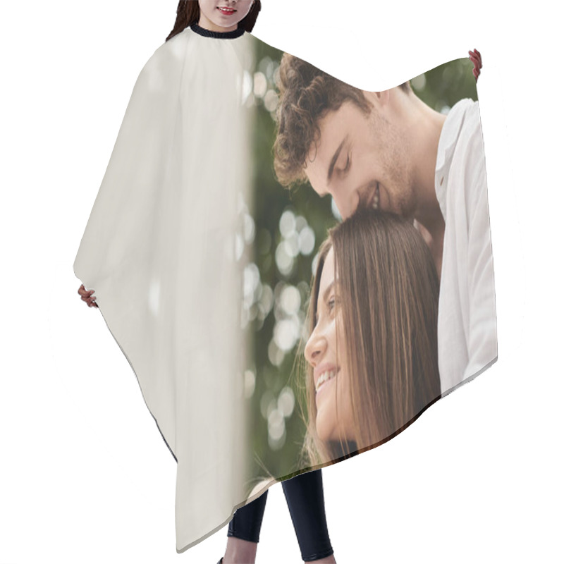 Personality  Couple Bonding And Love, Happy Man Kissing Head Of Beautiful Woman, Romantic Getaway Concept Hair Cutting Cape