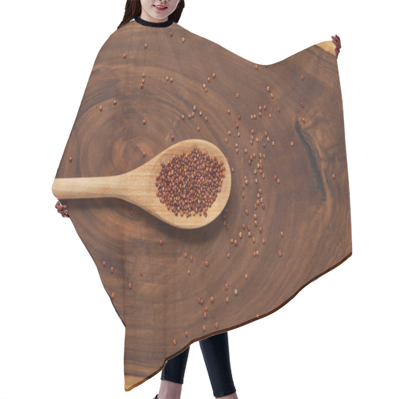 Personality  Top View Of Red Quinoa In Wooden Spoon On Beige And Brown Table Hair Cutting Cape